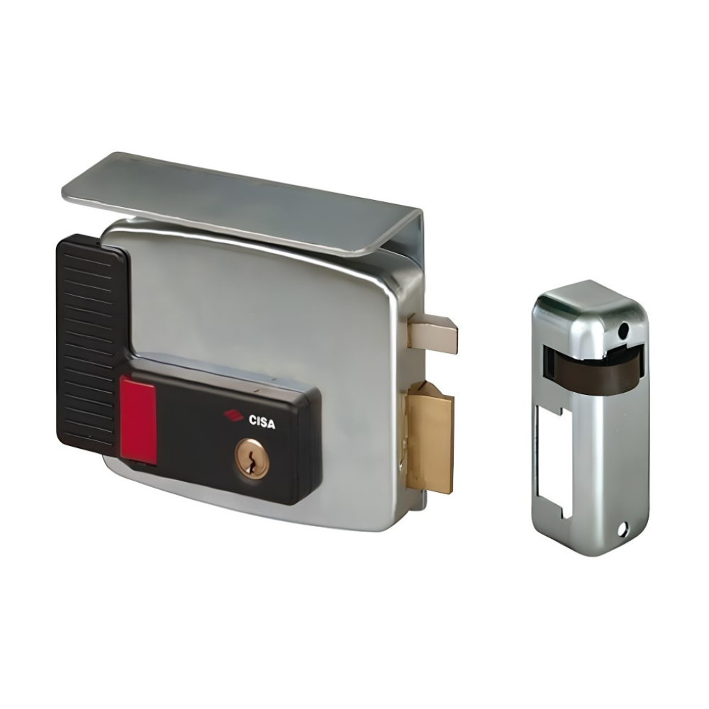 Featured image for “Elettroserratura a cilindro da applicare con pulsante e fermo a giorno Cisa 11731”