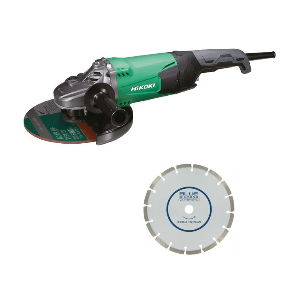 Featured image for “Smerigliatrice angolare professionale Hikoki G23SW2 2200W diametro 230 mm con disco diamantato Blu Diamond Universal”