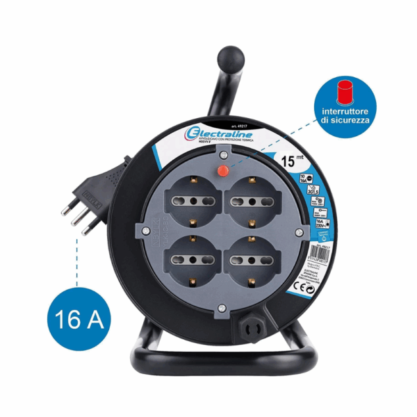 Avvolgicavo Electraline Art. 49217 prolunga elettrica lunghezza 15 metri sicurezza termica